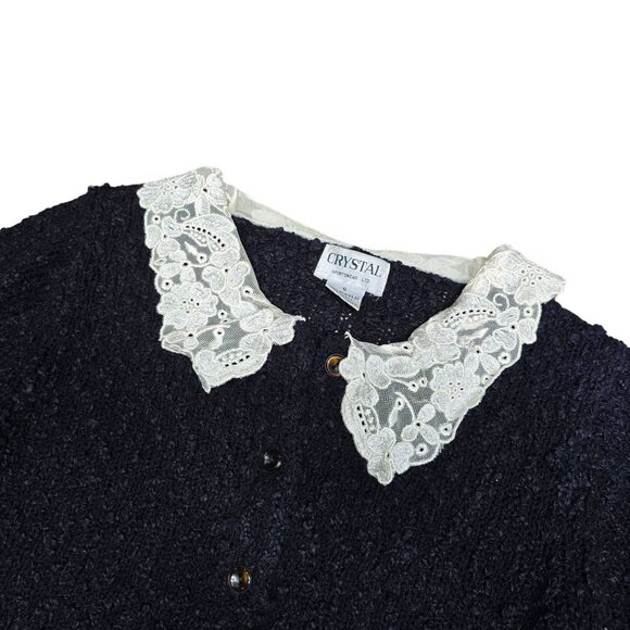 Vintage Crystal Sportswear Ltd Black Cardigan With Lace Collar Size S - Picture 4 of 6